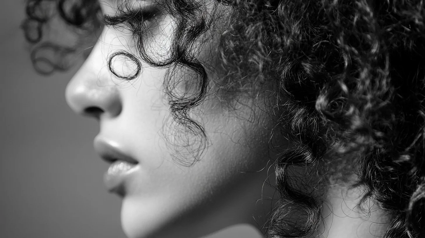 Close-up side profile of a woman with well-defined curls in black and white, focusing on her curly hair and serene expression