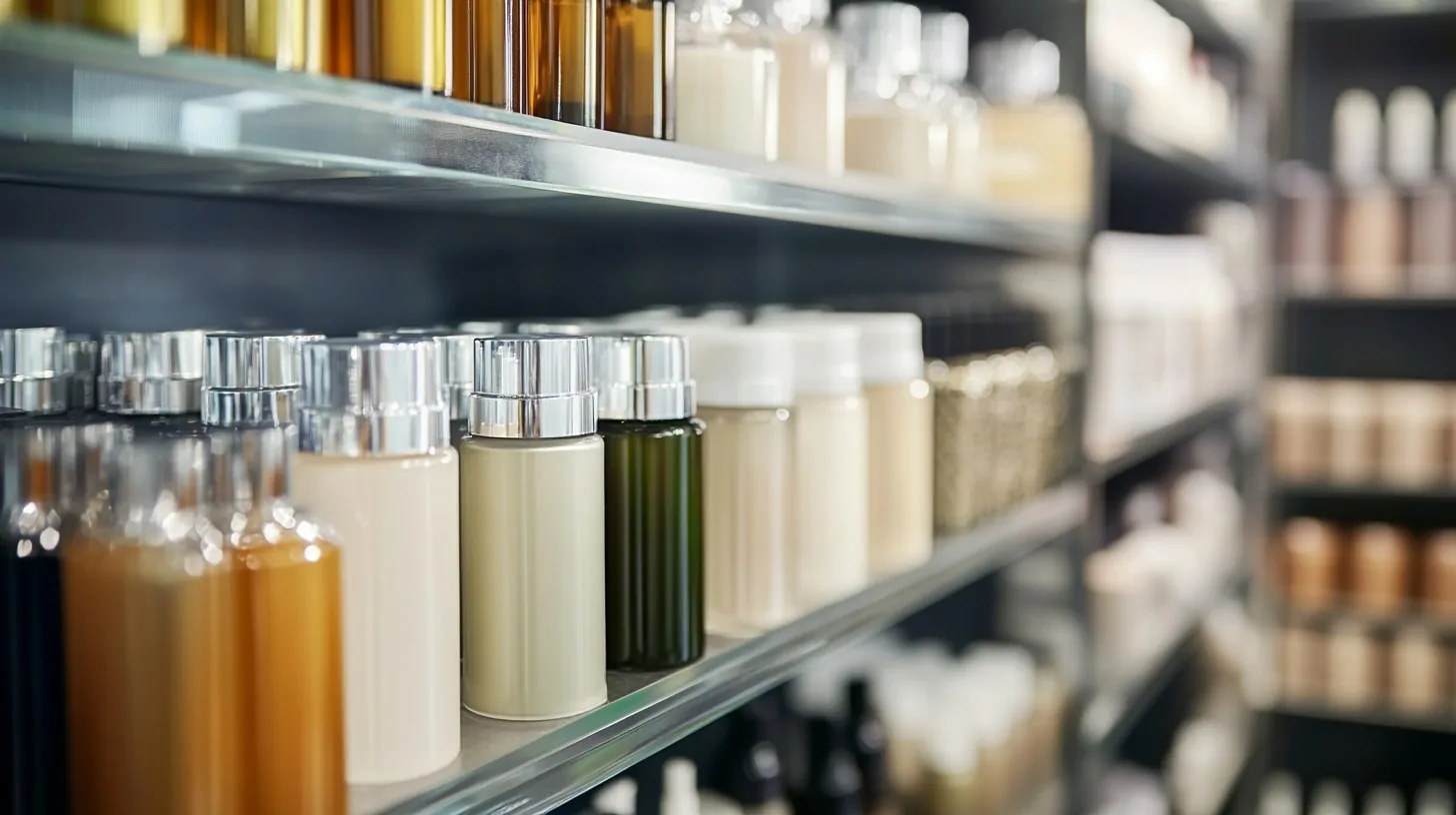 Close-up of neatly arranged hair care products in various bottles on a shelf, highlighting diversity in packaging and options