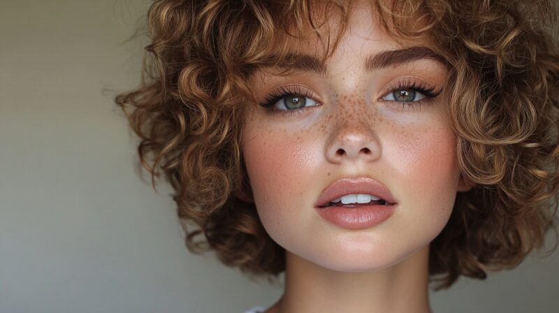 A close-up portrait of a woman with voluminous short curly hair, glowing skin, and soft freckles