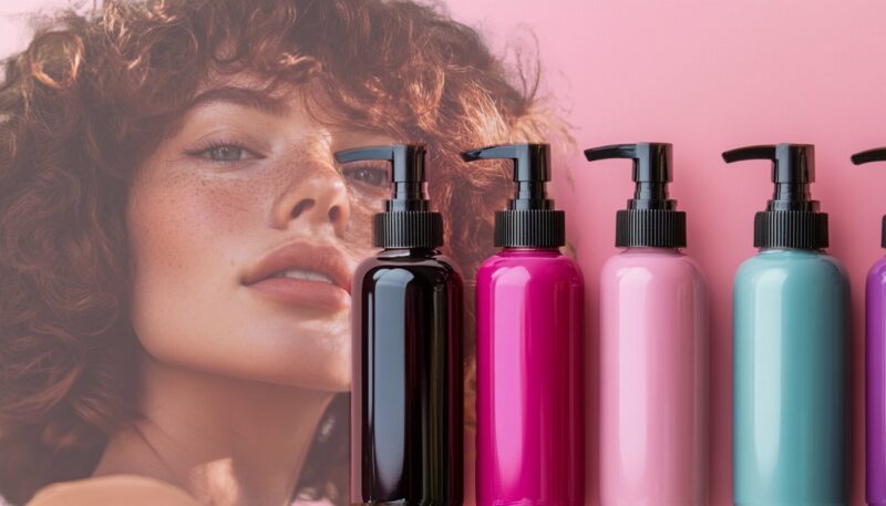 A close-up of a woman with curly hair, with a set of colorful hair care bottles in the foreground