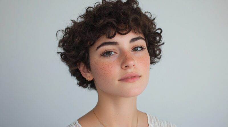 A young woman with short, curly dark hair and freckles, wearing a white top, posing against a light background
