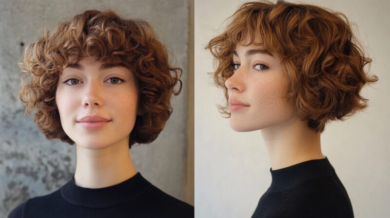 A young woman with a short, curly bob hairstyle, shown from both front and side views, wearing a black turtleneck