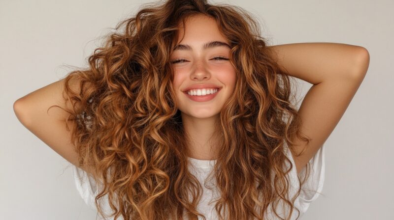 A smiling woman with voluminous, curly brown hair wearing a white shirt, posing with her hands in her hair