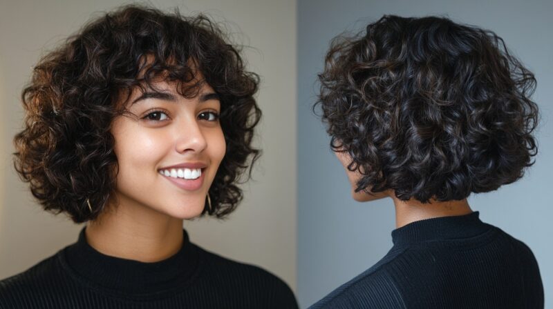 A young woman with short, dark curly hair, shown from both front and back angles, smiling while wearing a black turtleneck