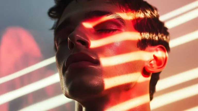 A close-up of a young man with eyes closed, illuminated by warm, striped light patterns on his face