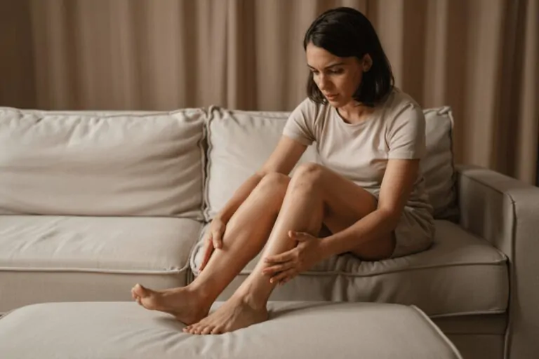 Woman sitting on a couch, examining her legs for swelling, a possible sign of fluid retention.