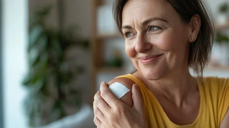 Applying HRT skin patch on the hand