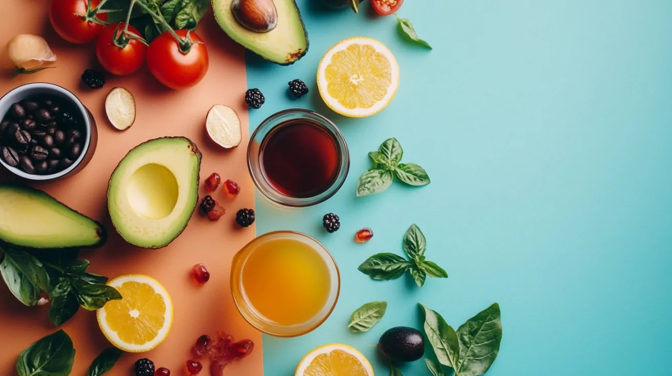 Colorful flat lay of various fruits, vegetables, and drinks on a split blue and orange background