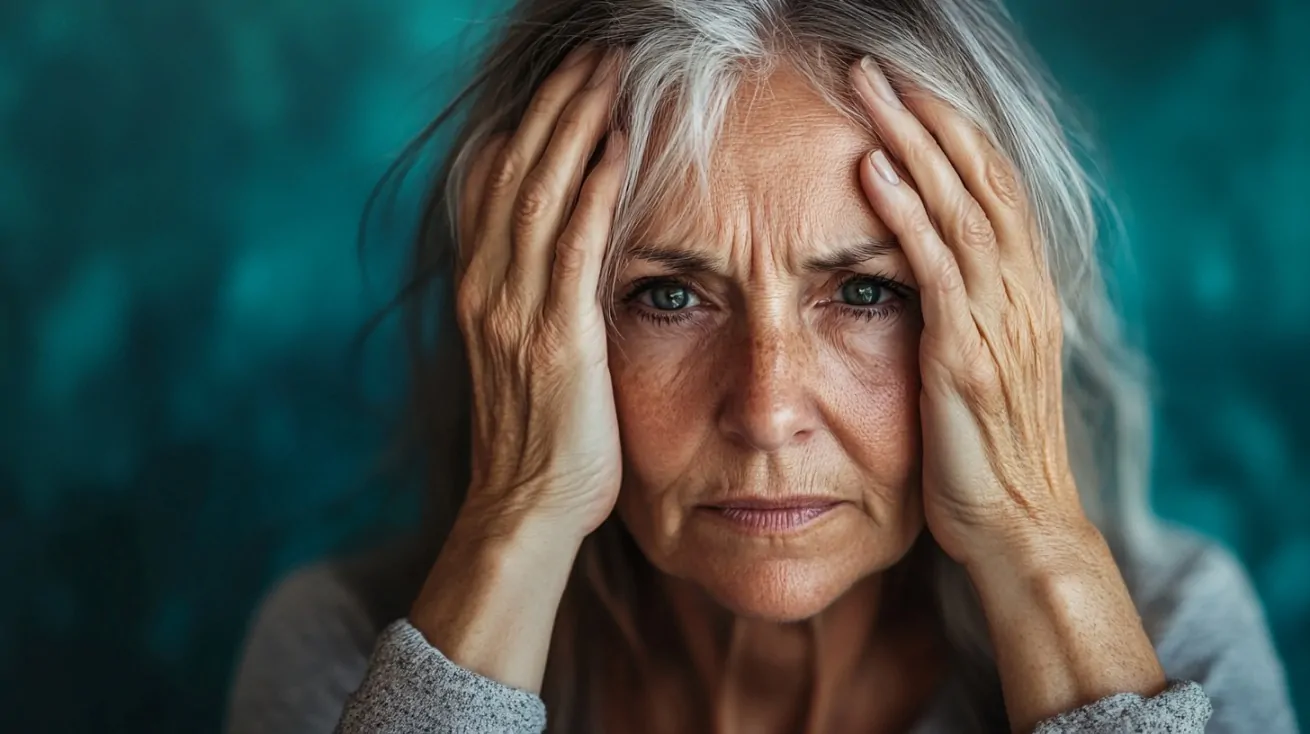 Older woman with gray hair holding her head in distress, representing menopausal discomfort