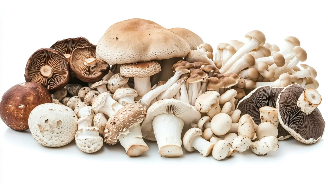 A variety of fresh edible mushrooms spread on a white background