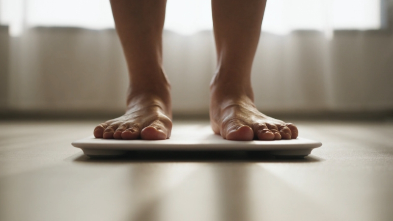 A person standing on a scale, focusing on managing weight during menopause