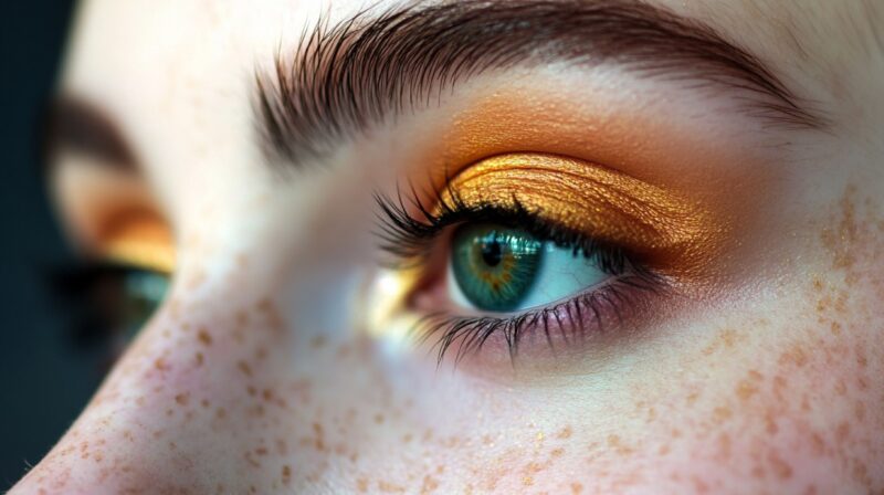 Close-up of an eye with vibrant orange and gold eyeshadow applied to the eyelid