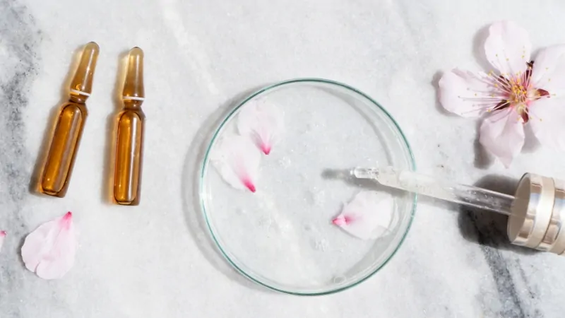 A dropper, glass dish, and ampoules sit on marble with petals, illustrating the question “does retinol expire”