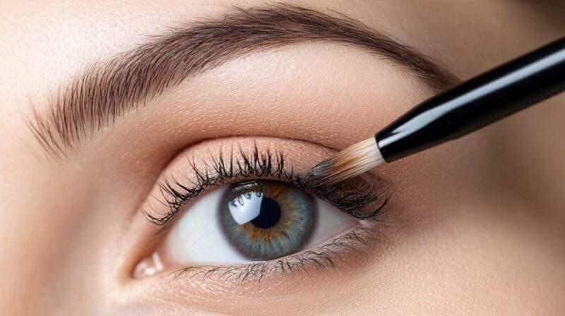 Close-up of an eye with a makeup brush applying eyeliner to the upper lash line