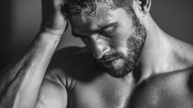 Black and white image of a muscular man with a tense expression, hand on his head, sweat glistening—capturing the struggle of stress-induced muscle tension