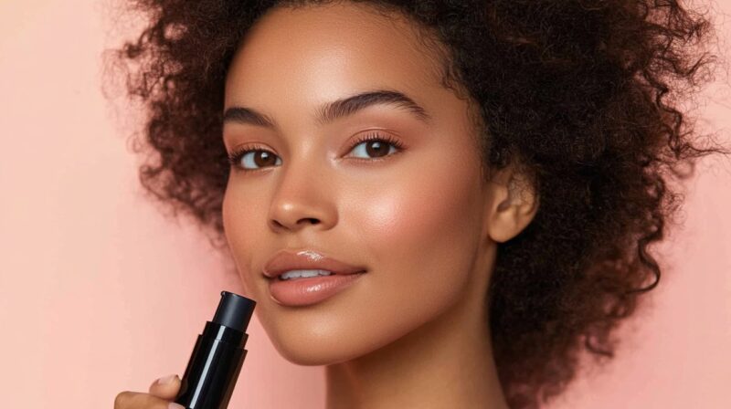 Woman applying makeup with a setting stick, showcasing smooth, glowing skin