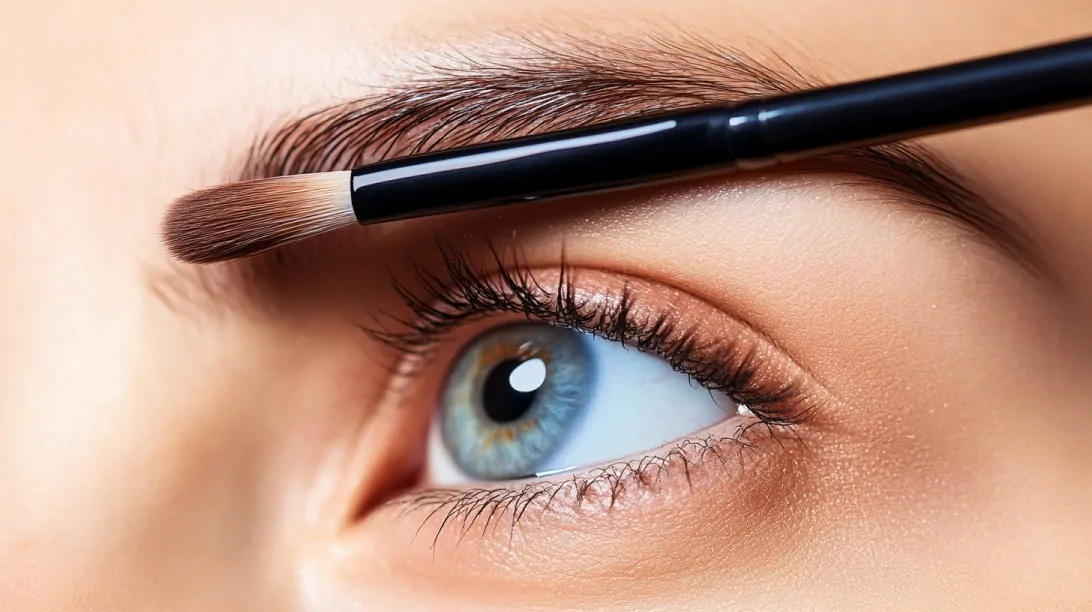 Close-up of an eye with a makeup brush shaping the eyebrow