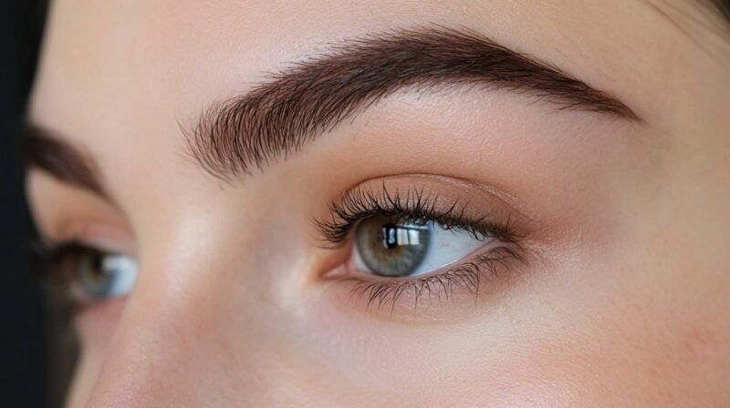 Close-up of a woman's eye with well-defined brows and subtle makeup on eyelids