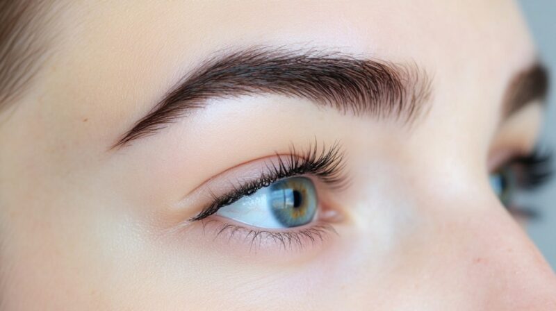 Close-up of a perfectly shaped and filled-in eyebrow on a person with light skin and blue eyes