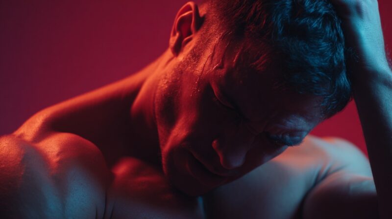 A muscular man under dramatic red and blue lighting holds his head with tension, eyes closed in visible stress, expressing inner turmoil or racing thoughts