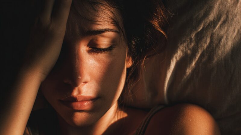 Close-up of a woman lying in bed, eyes closed and hand on forehead, appearing stressed or in discomfort with warm light casting shadows on her face