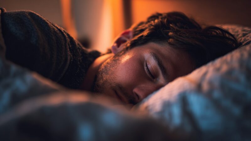 Close-up of a young man peacefully sleeping in bed, with soft warm lighting and a relaxed expression on his face