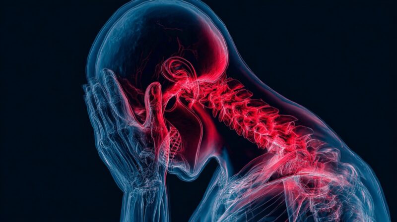 Medical-style X-ray illustration of a person holding their head in pain, showing highlighted red tension areas in the neck, spine, and head