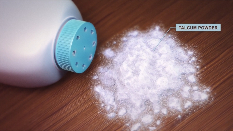 A container of talcum powder spilled on a wooden surface, highlighting the risk of asbestos contamination in skincare products