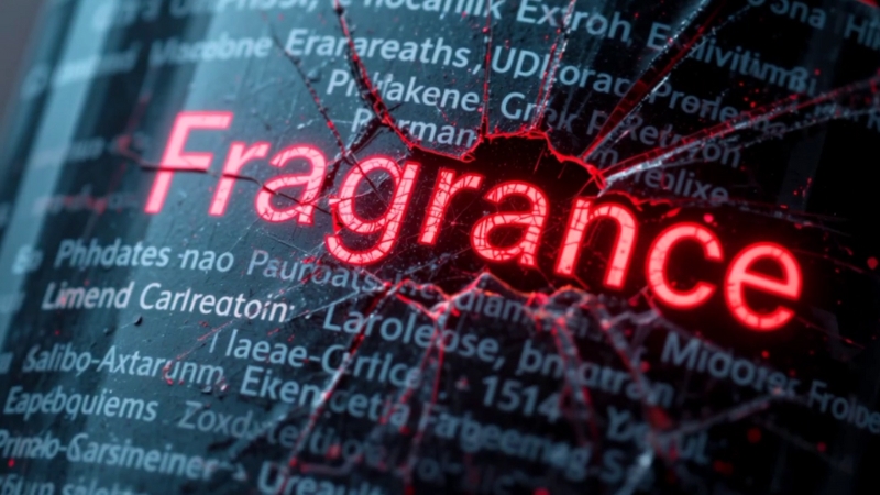 A cracked label shows the word fragrance glowing red, warning about hidden harmful chemicals in skincare products