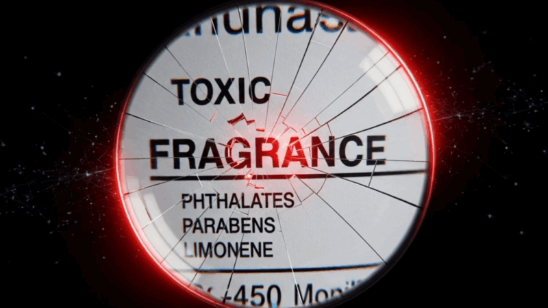 A magnified product label warning about toxic skincare ingredients like phthalates, parabens, and limonene hidden under fragrance