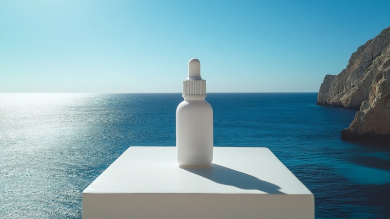 A skincare serum bottle placed by the ocean