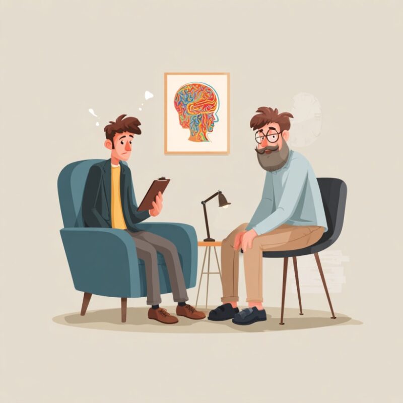 Illustrated therapy session with a confused man holding a notepad and a calm man, brain diagram on the wall