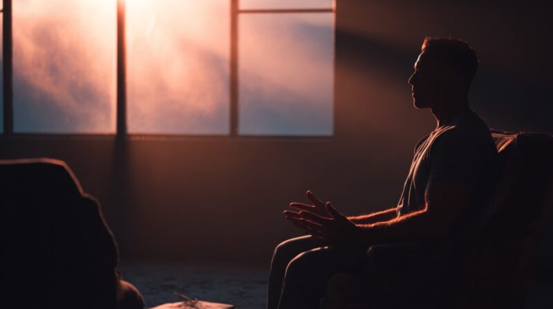 Silhouette of a man sitting in a chair with hands raised, illuminated by warm sunset light through a window