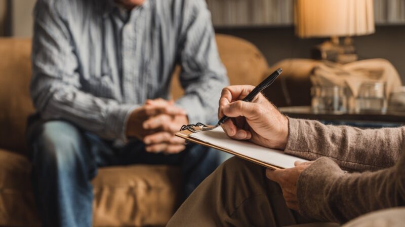 Two people on a couch, one taking notes on a clipboard while the other listens, in a cozy room with a lamp