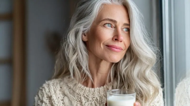 Smiling older woman with long gray hair holding a glass of milk, looking out of a window