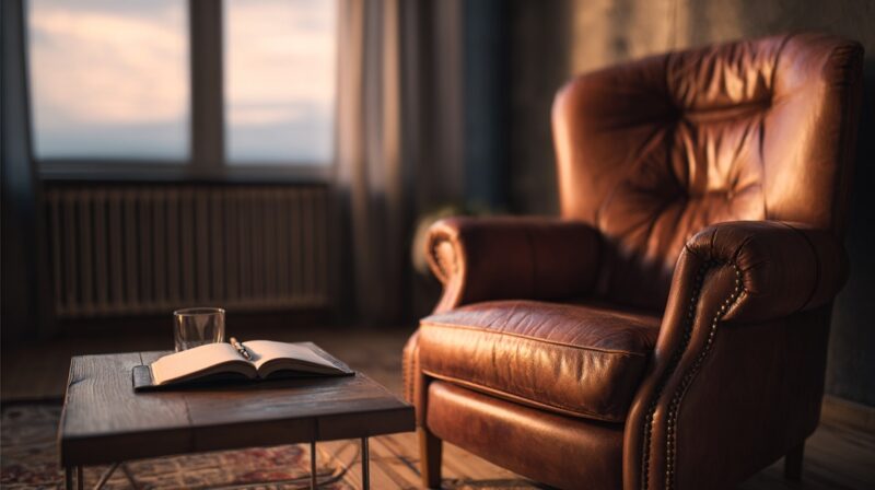 A leather armchair next to a wooden table with an open book and glass, illuminated by soft evening light from a window