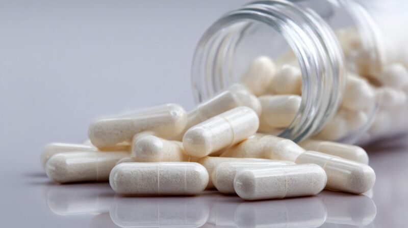 White calcium supplement capsules spilling from a glass jar onto a surface