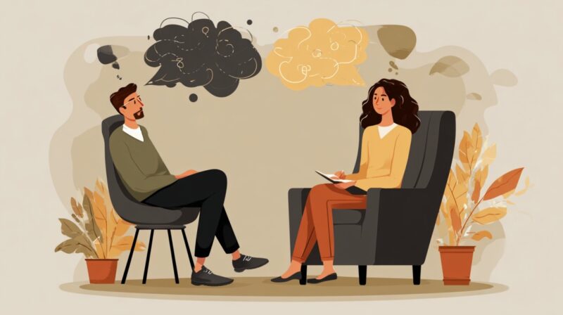 Illustrated scene of a man and woman in chairs, with thought bubbles, one dark and one light, surrounded by plants