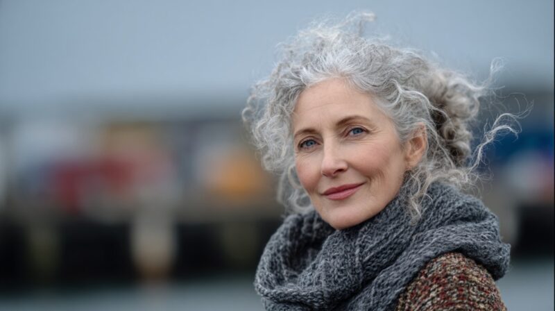 Smiling older woman with curly gray hair wearing a scarf outdoors on a cool day