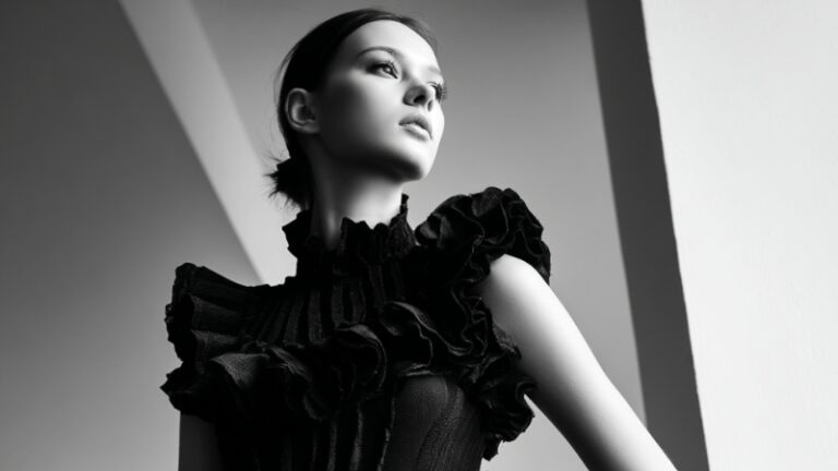 A black-and-white portrait of a model posing in a ruffled outfit, used for an article about fashion models in Germany