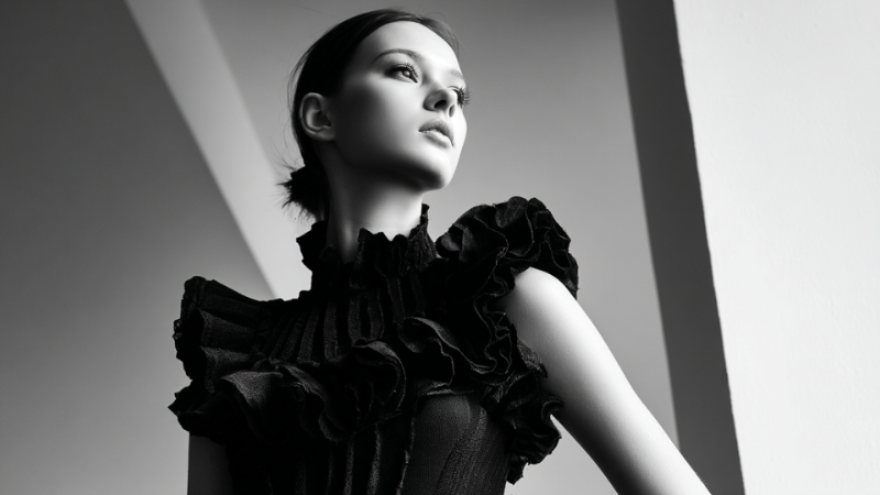 A black-and-white portrait of a model posing in a ruffled outfit, used for an article about fashion models in Germany
