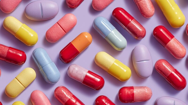 Colorful pills and capsules scattered on a pastel surface