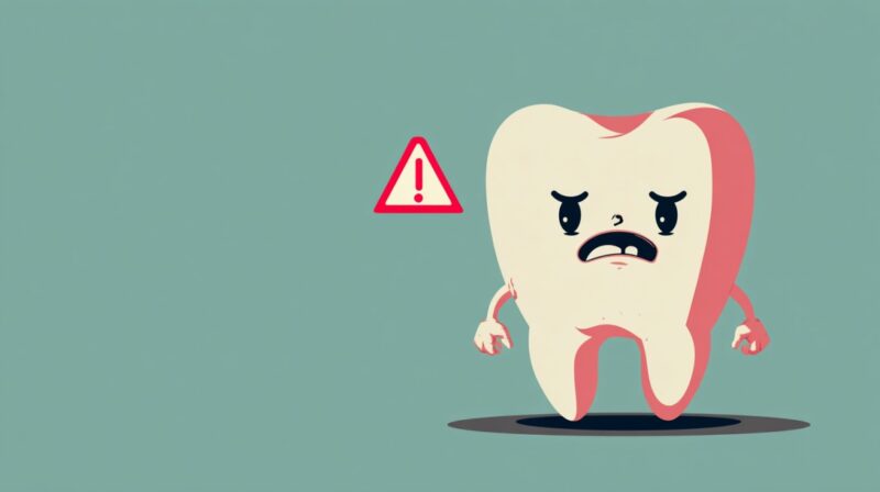 Cartoon angry tooth with warning symbol
