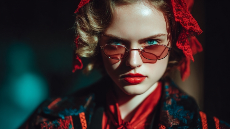 A close-up portrait of a model in red accessories and tinted glasses for a feature on senior models in Germany