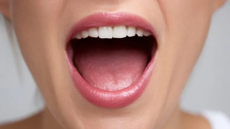 Close-up of an open mouth showing teeth and tongue