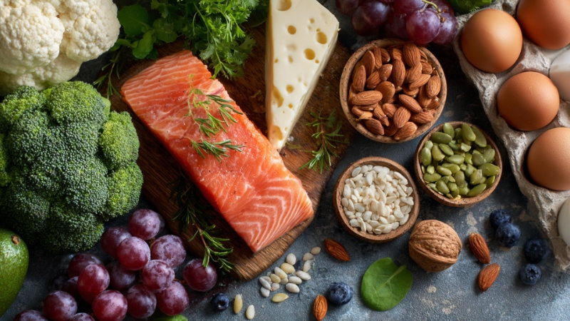 Balanced foods laid out on a table, often promoted in a viral health trend diet across social media
