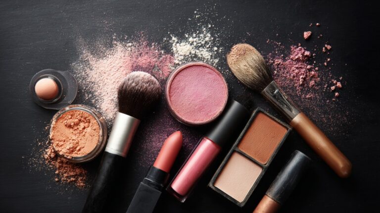 Assorted makeup products and brushes spread on a dark surface