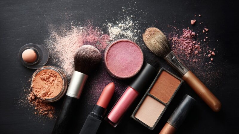 Assorted makeup products and brushes spread on a dark surface