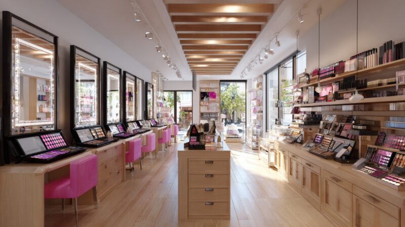 Interior of a bright makeup store with organized product displays and vanity stations