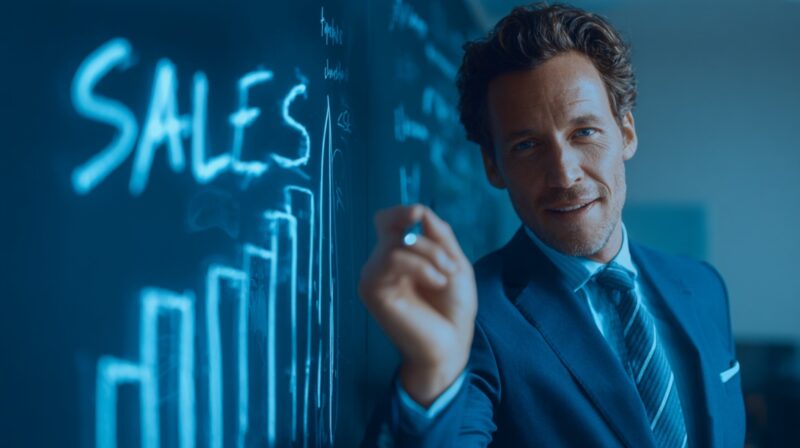 Man in a suit pointing at a rising sales chart drawn on a board